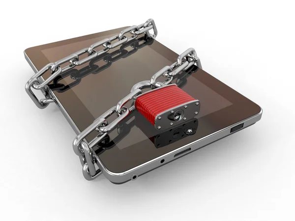 Tablet pc-beveiliging. ketting met lock op computer. — Stockfoto
