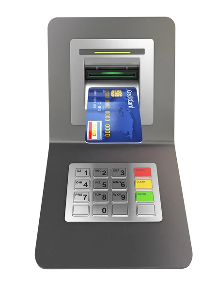 Retiro de dinero. Cajero automático y tarjeta de crédito o débito — Foto de Stock