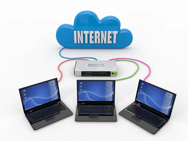 Rede doméstica. Roteador e três laptops — Fotografia de Stock