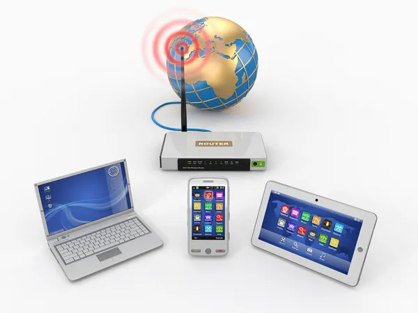 Αρχική wifi δικτύου. σύνδεση Internet μέσω δρομολογητή σε τηλέφωνο, φορητό υπολογιστή και tabl — Φωτογραφία Αρχείου