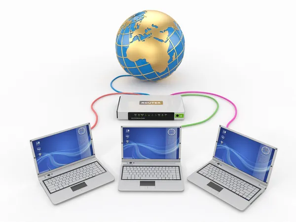 Home Network. Router and three laptops — Stock Photo, Image