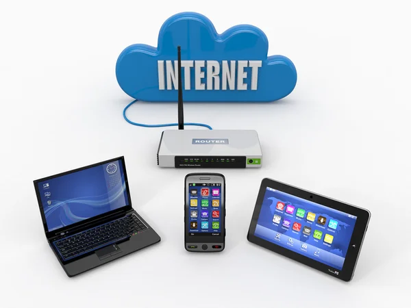 Red wifi doméstica. Internet a través de router en el teléfono, portátil y tabl —  Fotos de Stock