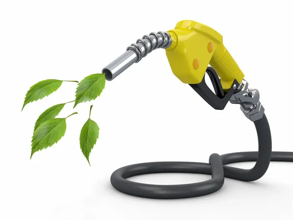 Zelené chráněné. tryska benzinové pumpy a list — Stock fotografie