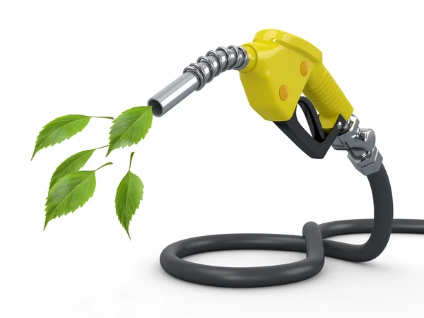 Green conservation. Gas pump nozzle and leaf — Stock Photo, Image