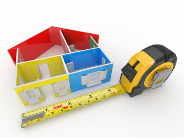 Measure tape and abstract three-dimensional house clipart