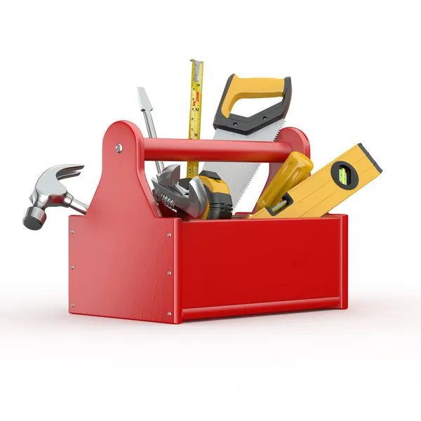Ящик с инструментами. Skrewdriver, молоток, ножовка и ключ — стоковое фото