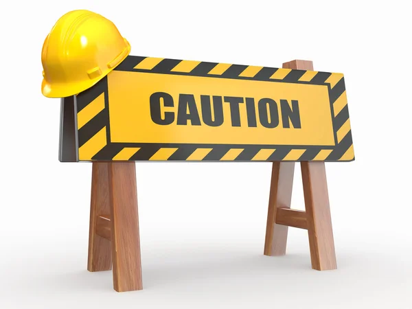 Barrier with text caution and hardhat — Stock Photo, Image