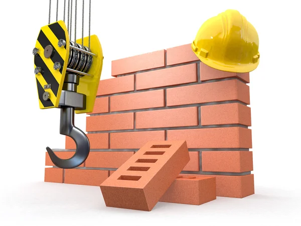 Em construção. Parede de tijolo, guindaste e hardhat — Fotografia de Stock