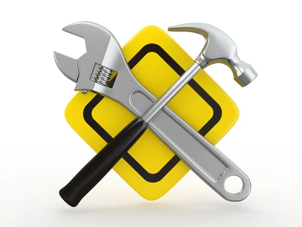 Verktyg. verktyg, skiftnyckel och hammare. 3D — Stockfoto
