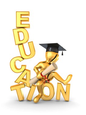 Man on text education. 3d clipart