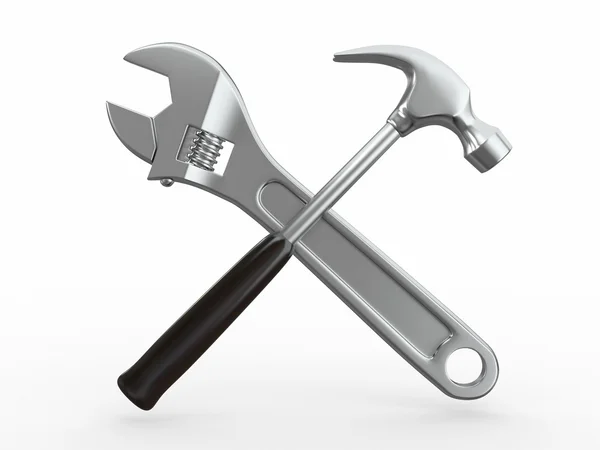 Βοηθητικό πρόγραμμα. εργαλεία και γαλλικό κλειδί, σφυρί. 3D — Φωτογραφία Αρχείου
