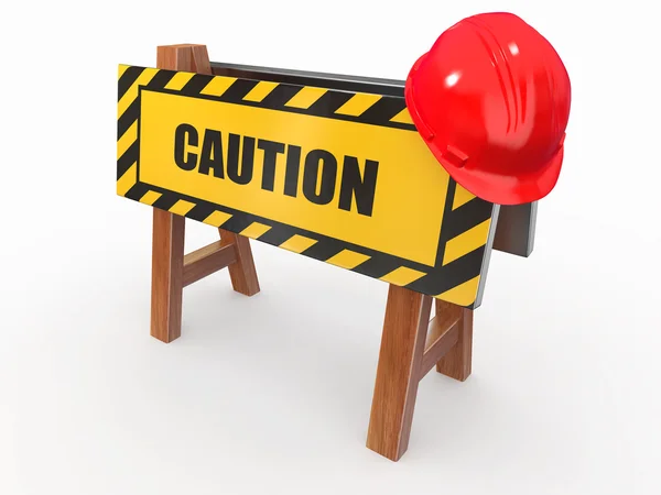 Barrier with text caution and hardhat — Stock Photo, Image