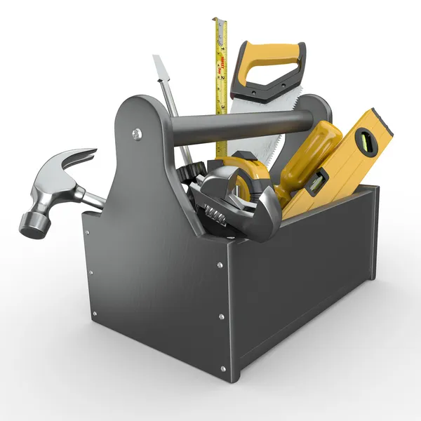 Caja de herramientas con herramientas. Skrewdriver, martillo, sierra de mano y llave inglesa . —  Fotos de Stock