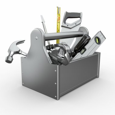 Toolbox with tools. Skrewdriver, hammer, handsaw and wrench. clipart