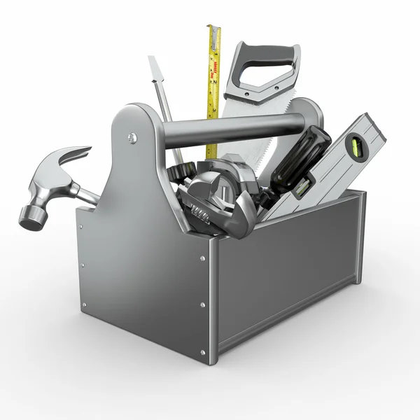Caixa de ferramentas com ferramentas. Chave de fendas, martelo, serra manual e chave inglesa . — Fotografia de Stock