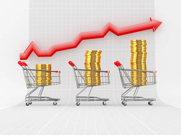 Crescimento das vendas. Cesto de compras com moedas — Fotografia de Stock