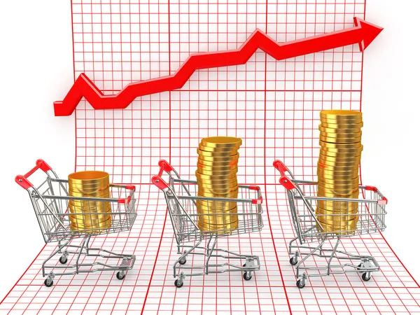 Crecimiento de ventas. Cesta de compra con monedas — Foto de Stock