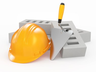 Bricks, hardhat and trowel. 3d clipart