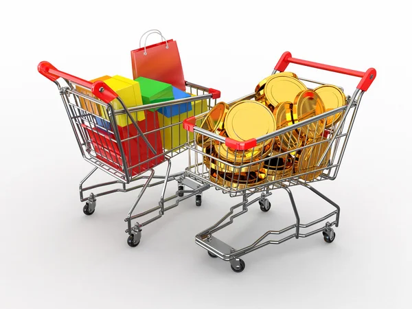 Consumismo. Carrinho de compras com caixas e moedas. 3d — Fotografia de Stock