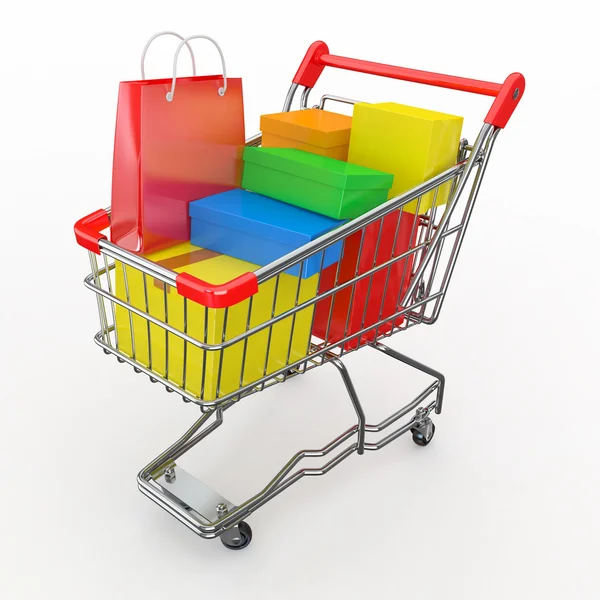 Gift buying. Shopping cart full of boxes — Stock Photo, Image