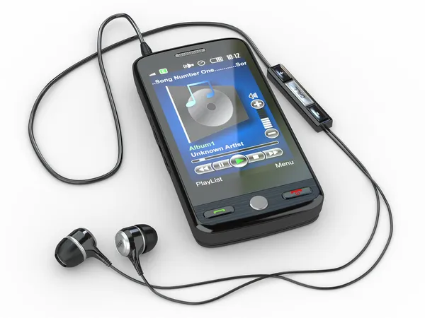 Mobile phone with headphones. 3d — Stock Photo, Image