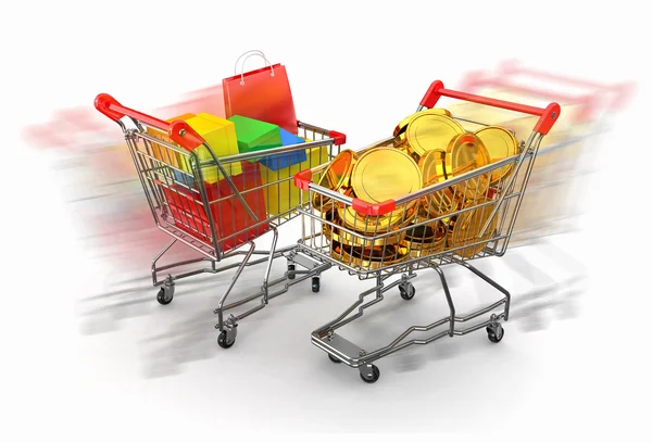 Consumerism. Shopping cart with boxes and coins. 3d — Stock Photo, Image