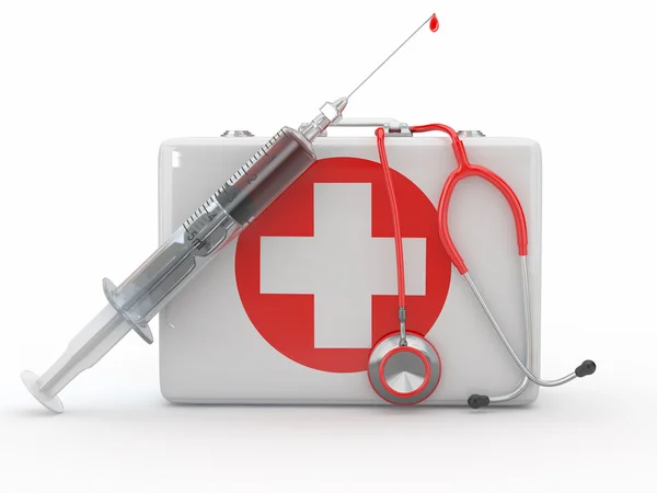 First aid kit, syringe and stethscope — Stock Photo, Image