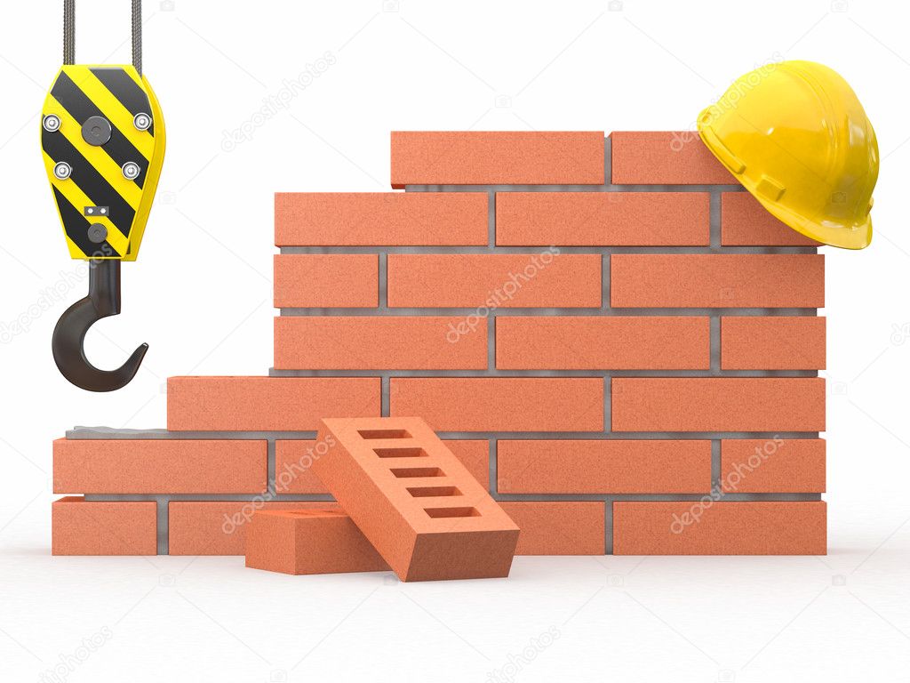 Under construction. Brick wall, crane and hardhat