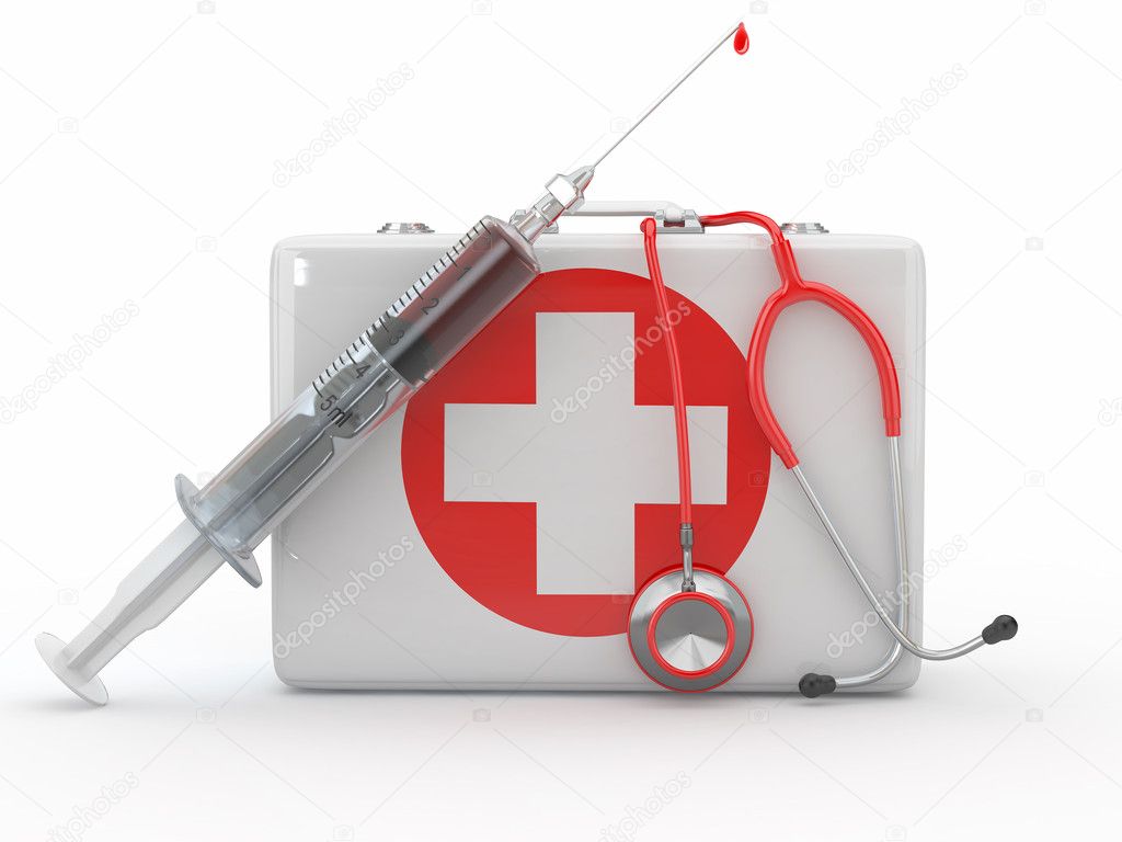 First aid kit, syringe and stethscope