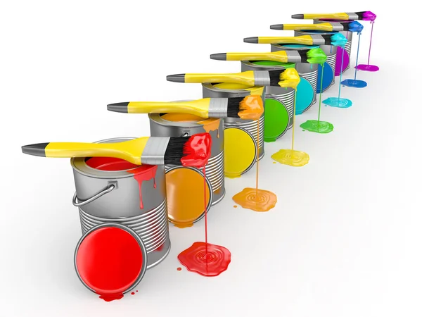 Paint can and paintbrush in colors of the rainbow. 3d — Stock Photo, Image