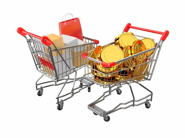 Consumismo. Carrinho de compras com caixas e moedas. 3d — Fotografia de Stock