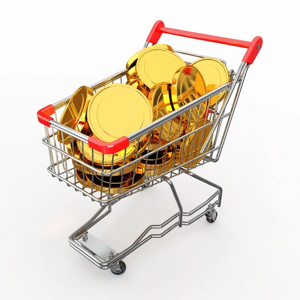 Nákupní košík plný mincí. 3D — Stock fotografie