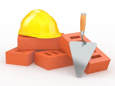 Bricks, hardhat and trowel. 3d clipart