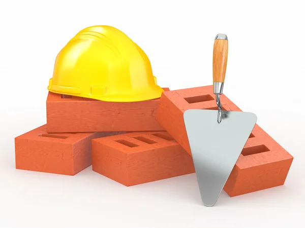 Bricks, hardhat and trowel. 3d — Stock Photo, Image