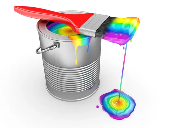 Paint can and paintbrush in colors of the rainbow — Stock Photo, Image
