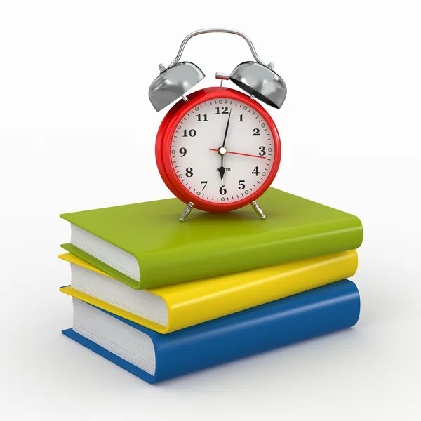 Χρόνος για το σχολείο. ρολόι συναγερμών για τα βιβλία — Φωτογραφία Αρχείου