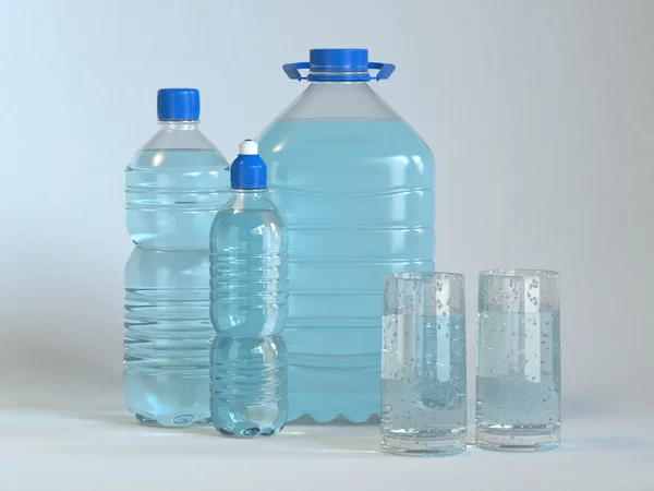 多くのペットボトルや澄んだ水のガラス — ストック写真