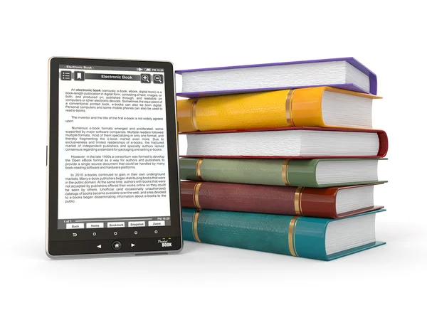 Lector de libros electrónicos. Libros y Tablet PC —  Fotos de Stock