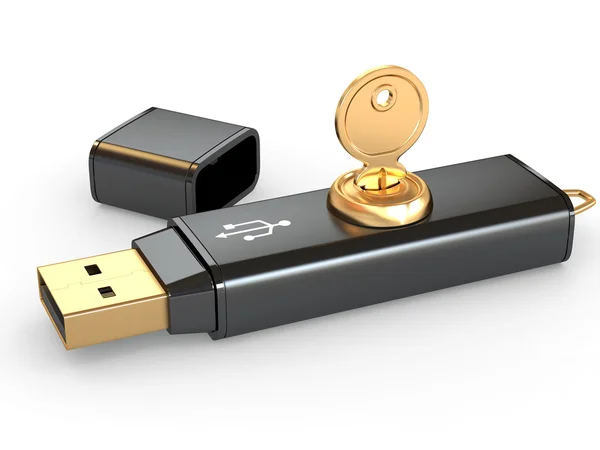 Защита данных. USB флэш-память и ключ. 3d — стоковое фото