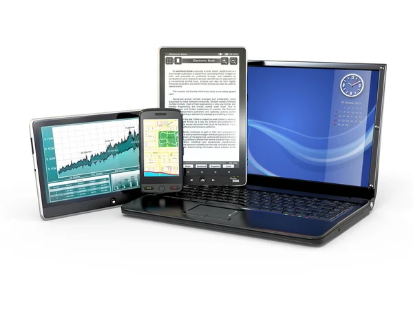 Laptop, mobiele telefoon, tablet pc en e-boek — Stockfoto