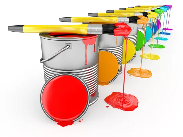 Paint can and paintbrush in colors of the rainbow. — Stock Photo, Image