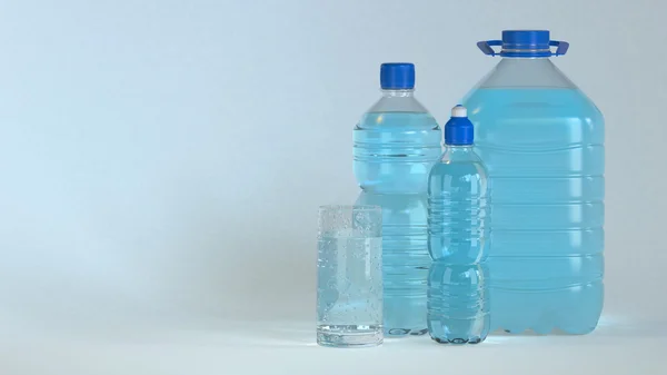 Molte bottiglie e vetro di acqua limpida — Foto Stock
