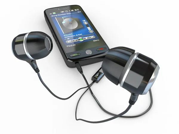 Мобильный телефон с наушниками. 3d — стоковое фото