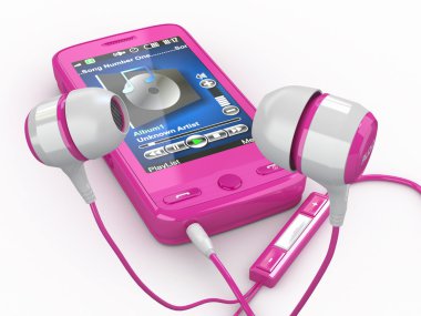 Mobile phone with headphones. 3d clipart