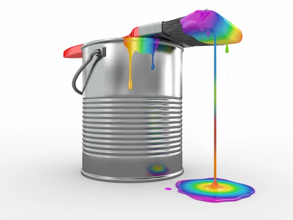Tinta lata e pincel nas cores do arco-íris — Fotografia de Stock