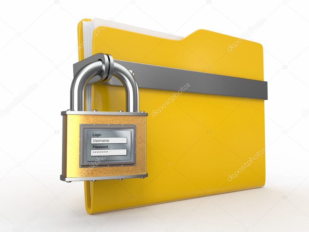 Secured files. Folder and padlock with login and password