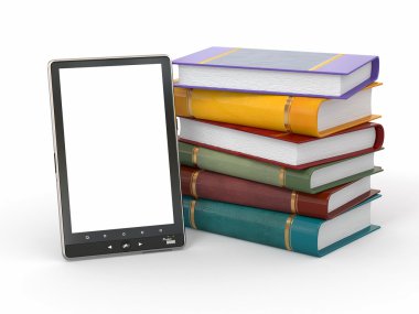 E-book reader. Books and tablet pc clipart