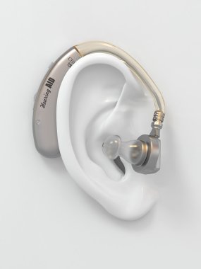 Hearing aid on ear. 3d clipart