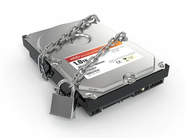 Protected hdd. Chain and lock on hard disk drive — Stock Photo, Image