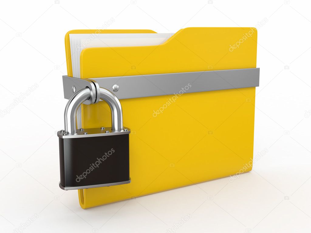 Confidential files. Padlock on folder on white background